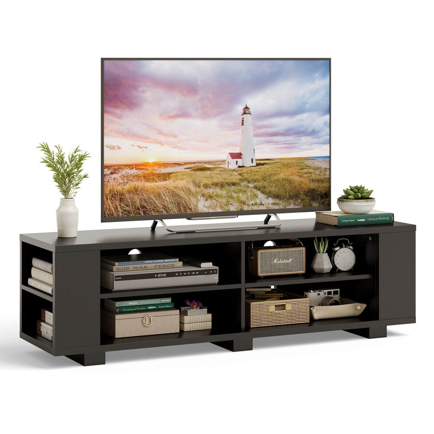 Modern 59 Inch Media Console with Adjustable Open Shelves for TVs up to 65 Inches in Black