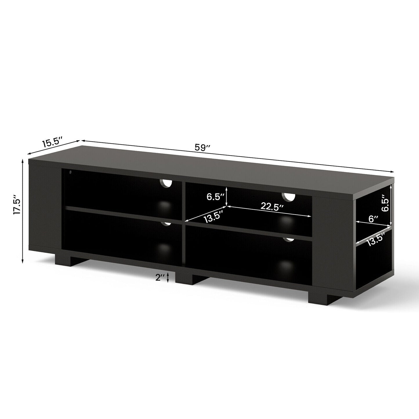 Modern 59 Inch Media Console with Adjustable Open Shelves for TVs up to 65 Inches in Black