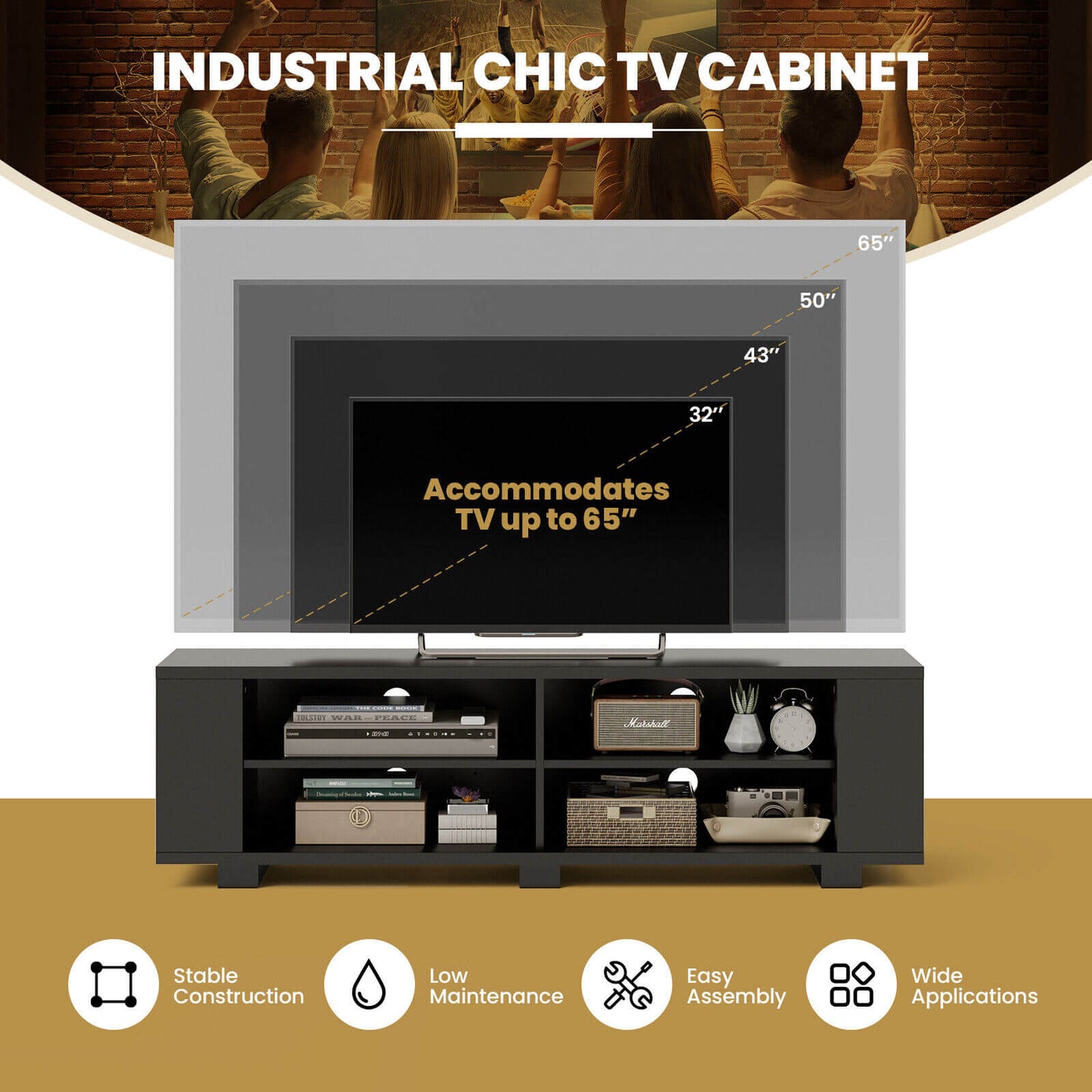Modern 59 Inch Media Console with Adjustable Open Shelves for TVs up to 65 Inches in Black