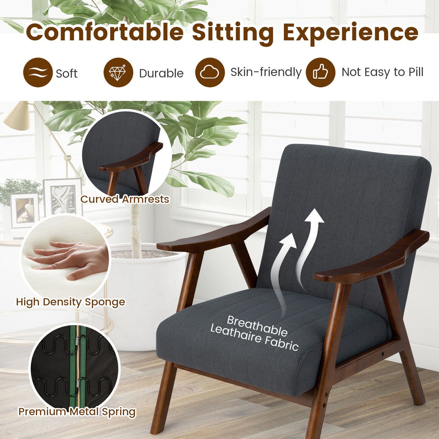 Ergonomic Lounge Armchair with Thick Cushion and Felt Pads Grey