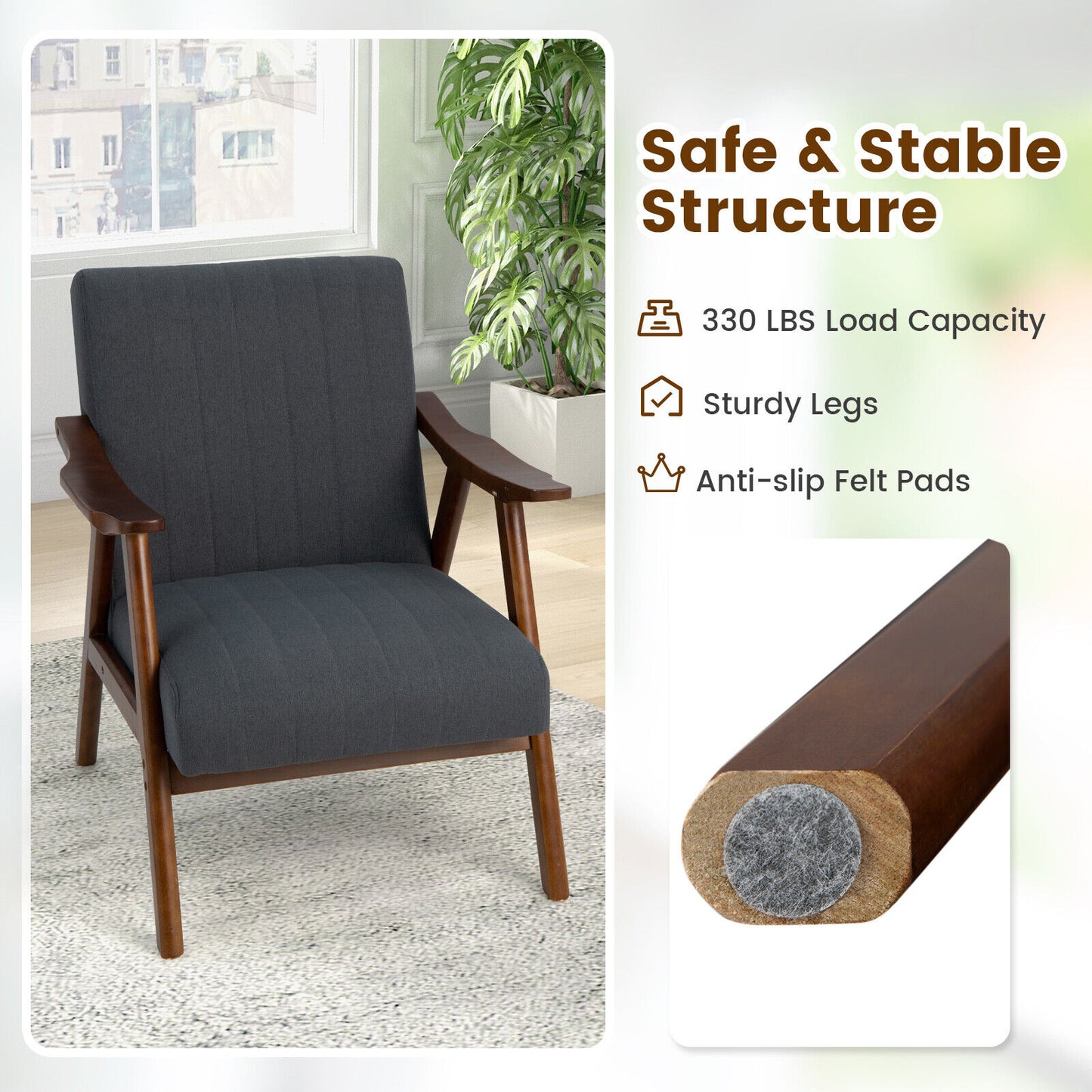 Ergonomic Lounge Armchair with Thick Cushion and Felt Pads Grey