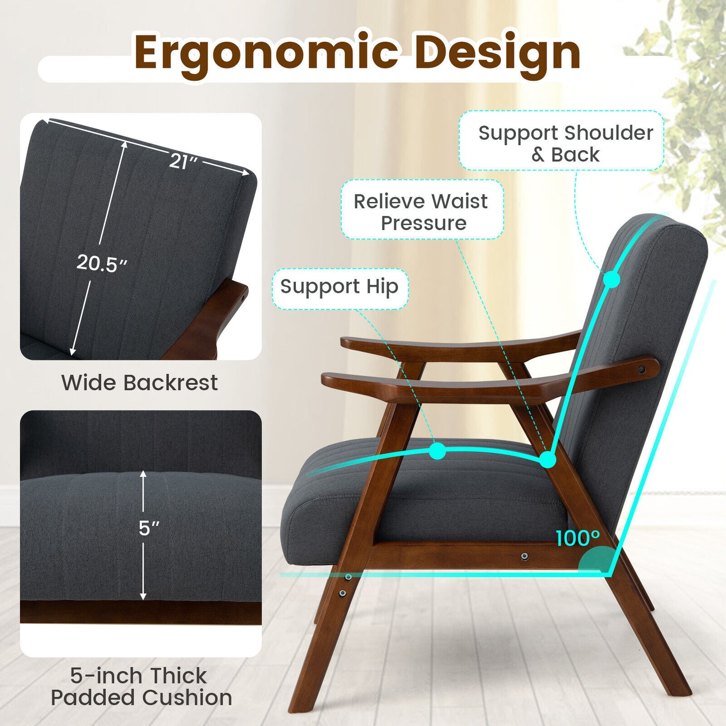 Ergonomic Lounge Armchair with Thick Cushion and Felt Pads Grey