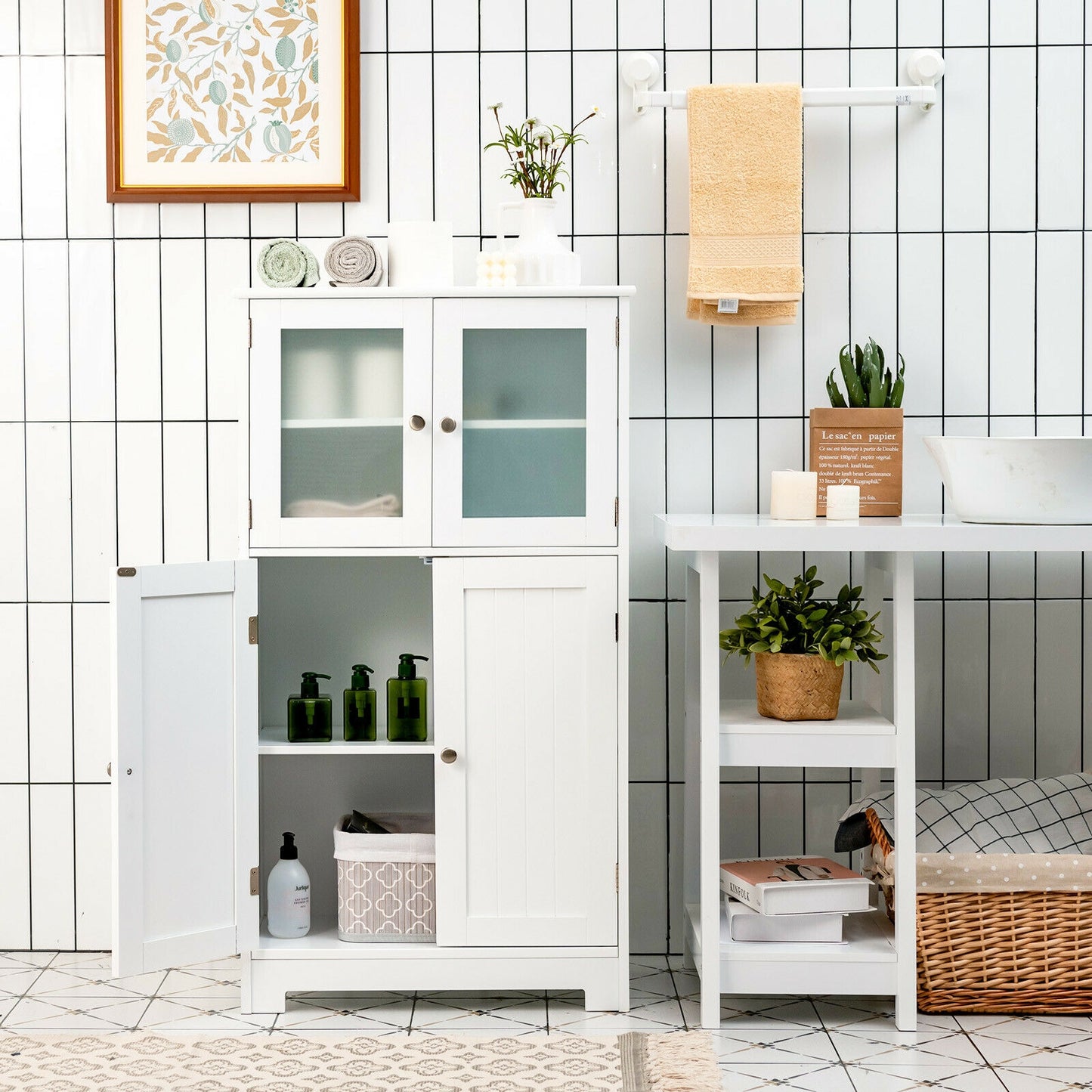 4 Door Freestanding Bathroom & Kitchen Storage Cabinet with Adjustable Shelf