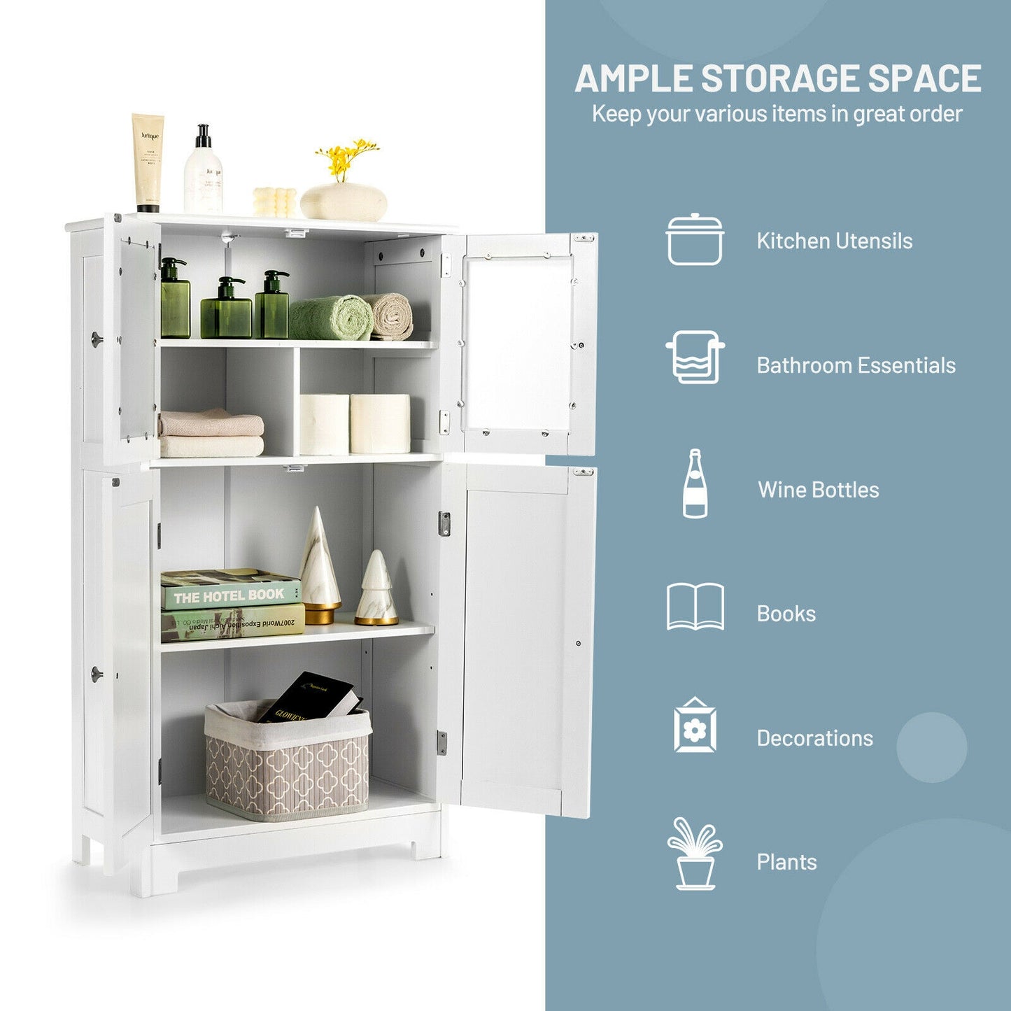 4 Door Freestanding Bathroom & Kitchen Storage Cabinet with Adjustable Shelf