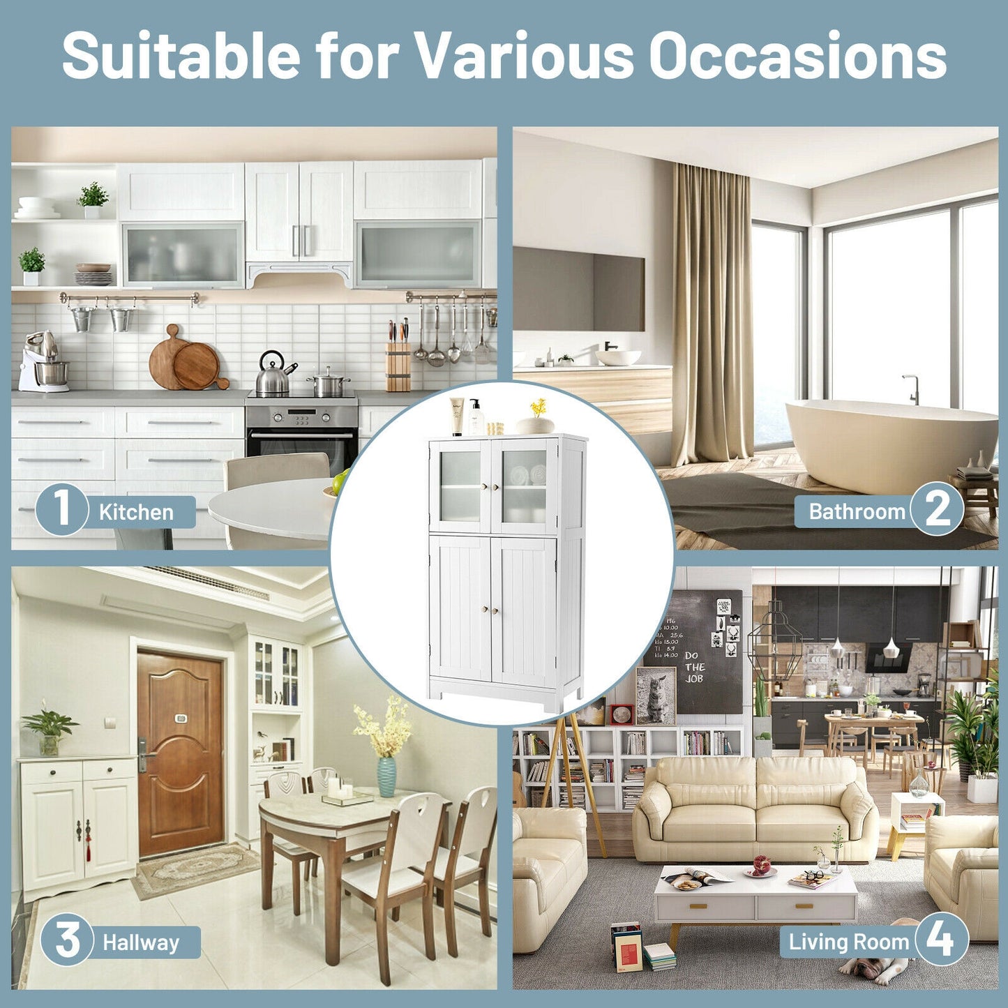 4 Door Freestanding Bathroom & Kitchen Storage Cabinet with Adjustable Shelf