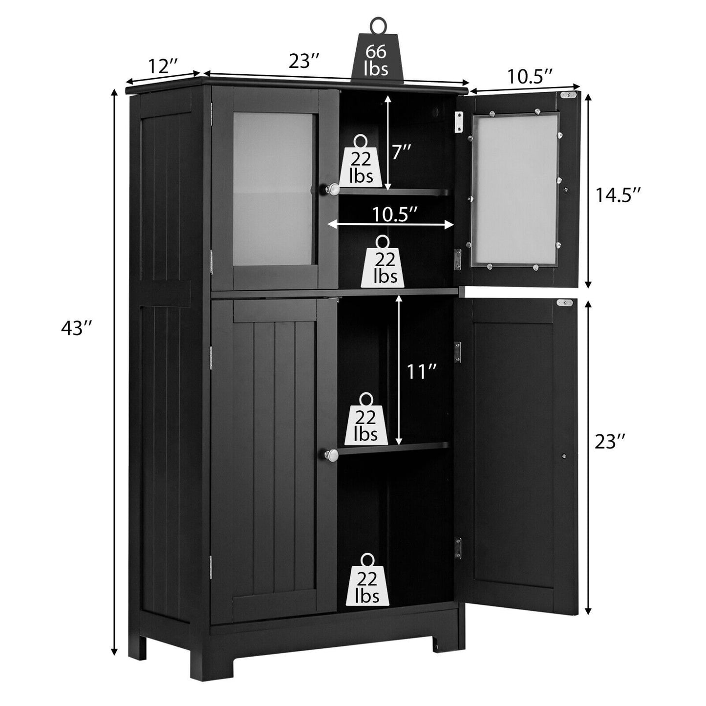 4 Door Freestanding Bathroom & Kitchen Storage Cabinet with Adjustable Shelf