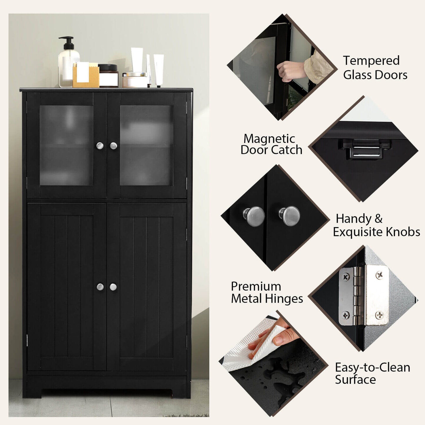 4 Door Freestanding Bathroom & Kitchen Storage Cabinet with Adjustable Shelf