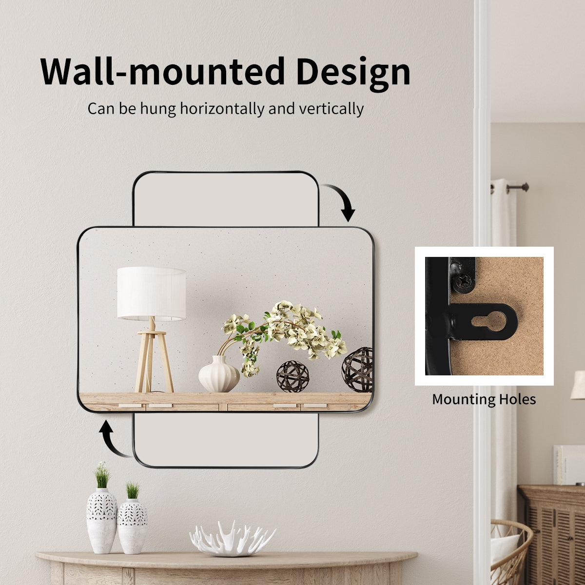 32" x 20" Wall-Mounted Rectangle Mirror with Metal Frame - Black