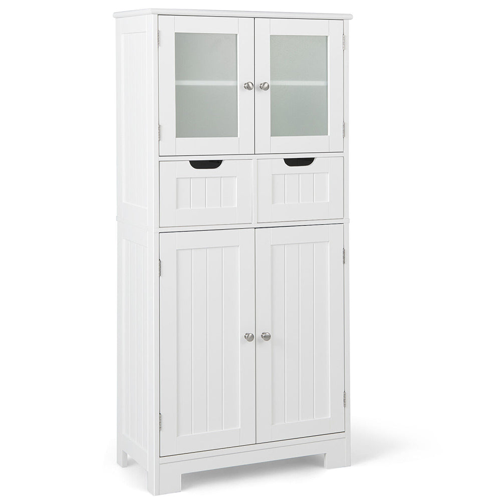 3 Tier Freestanding Bathroom Cabinet with 2 Drawers & Glass Doors for Stylish Storage