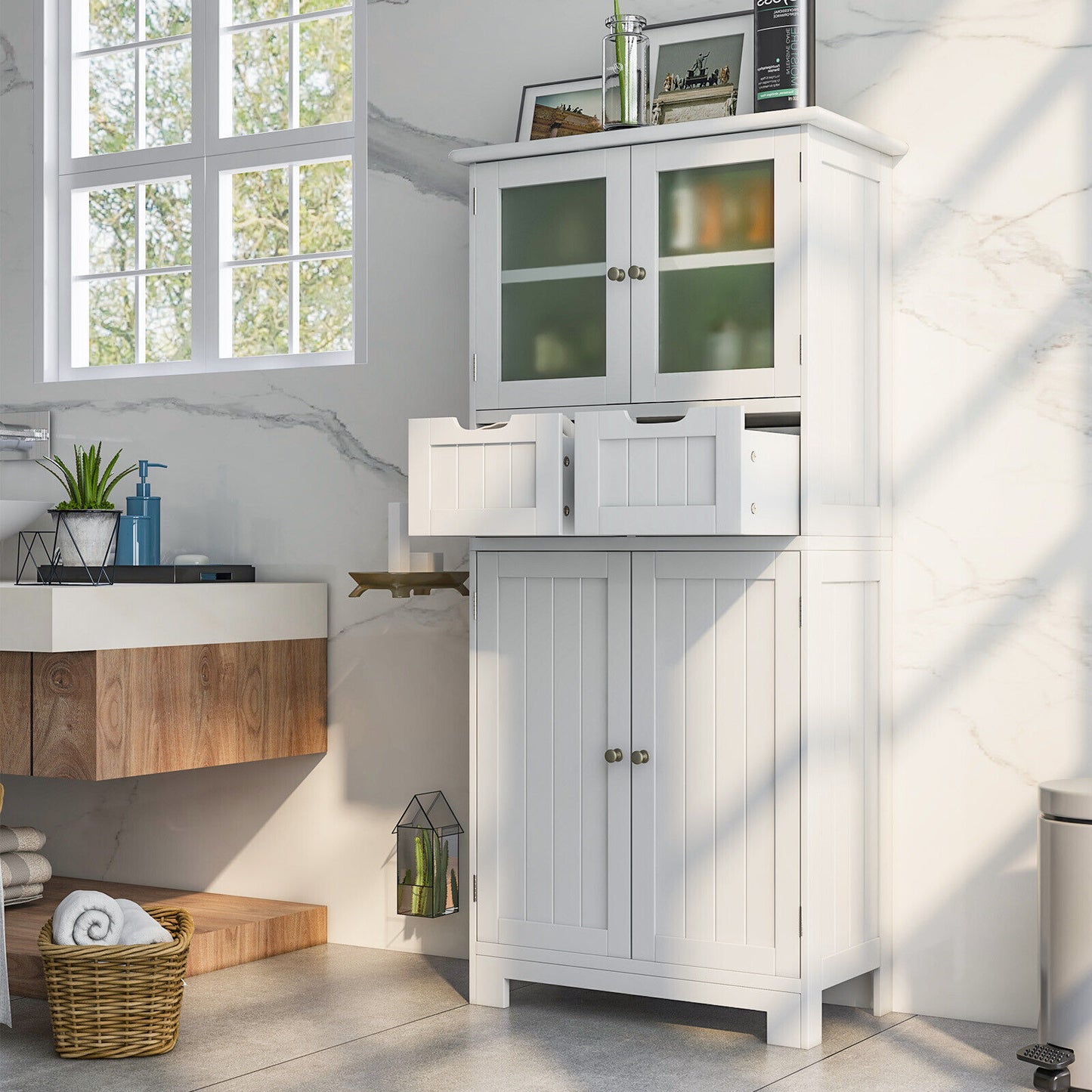 3 Tier Freestanding Bathroom Cabinet with 2 Drawers & Glass Doors for Stylish Storage