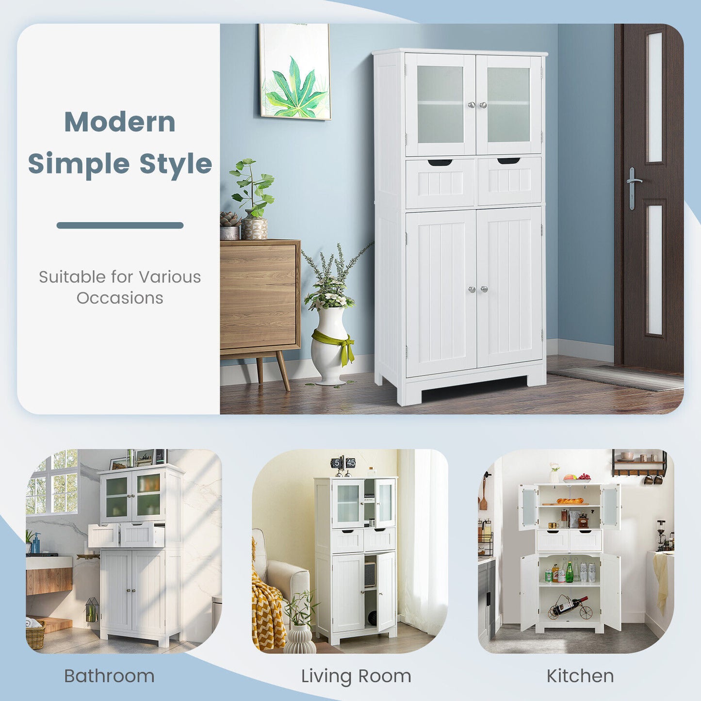 3 Tier Freestanding Bathroom Cabinet with 2 Drawers & Glass Doors for Stylish Storage