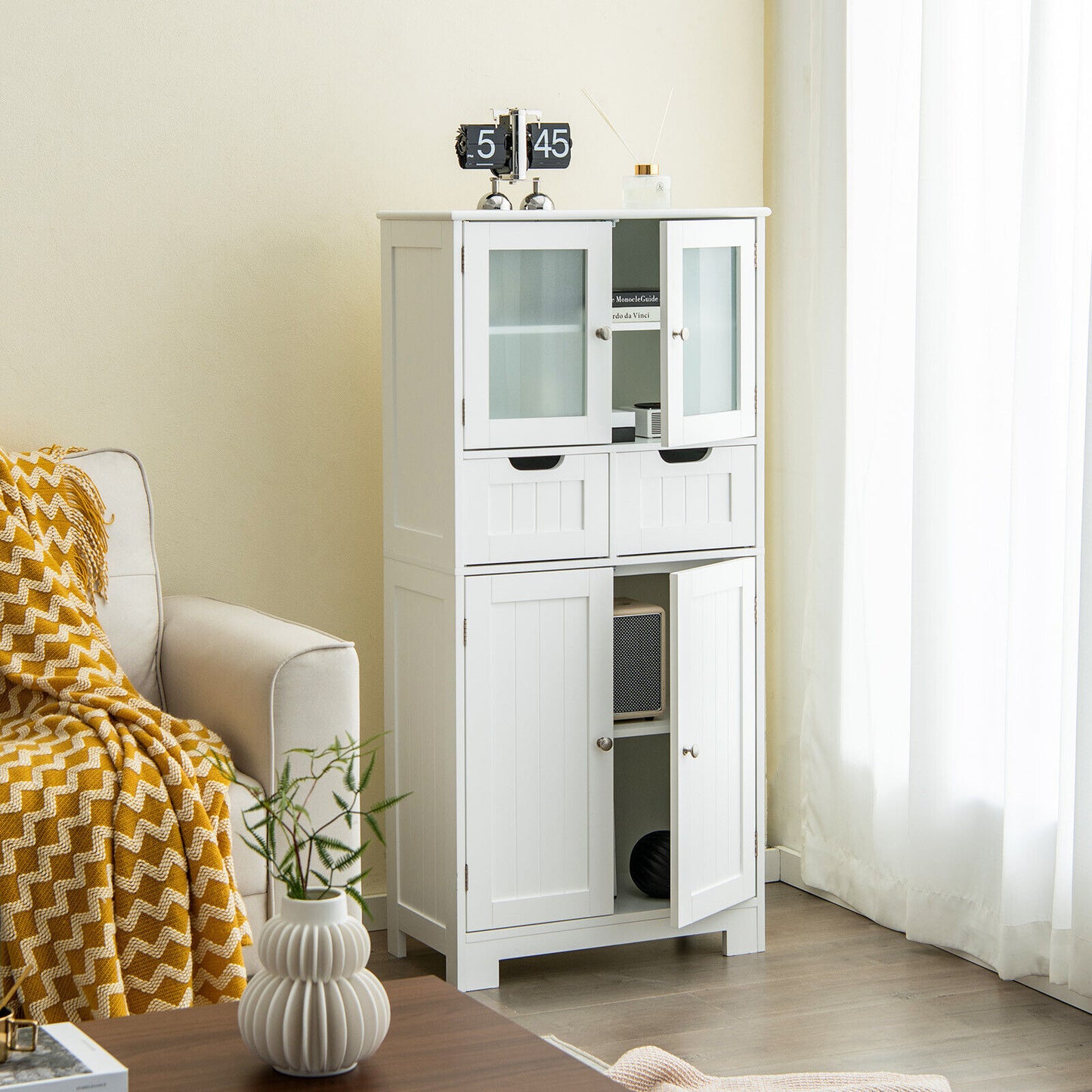 3 Tier Freestanding Bathroom Cabinet with 2 Drawers & Glass Doors for Stylish Storage