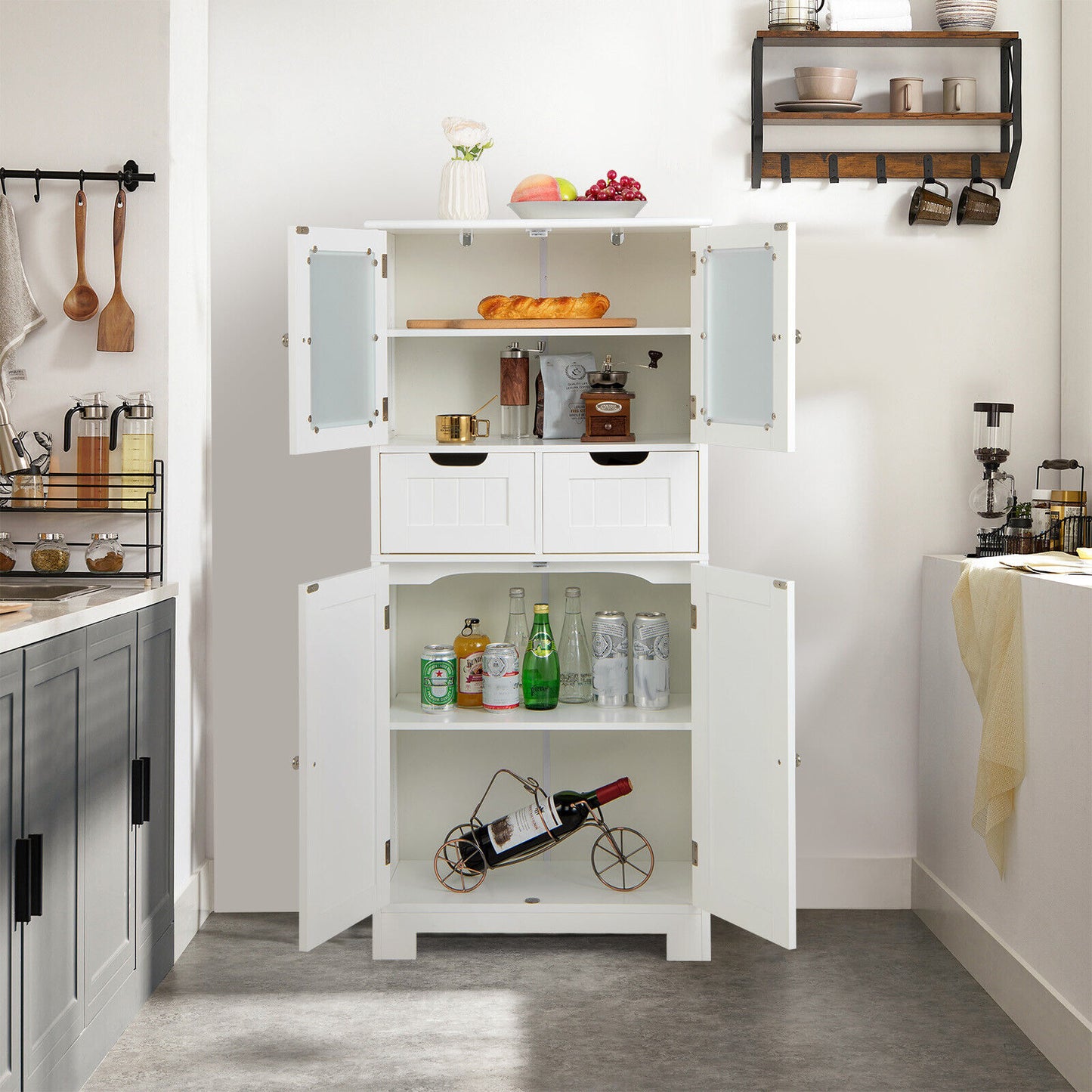 3 Tier Freestanding Bathroom Cabinet with 2 Drawers & Glass Doors for Stylish Storage