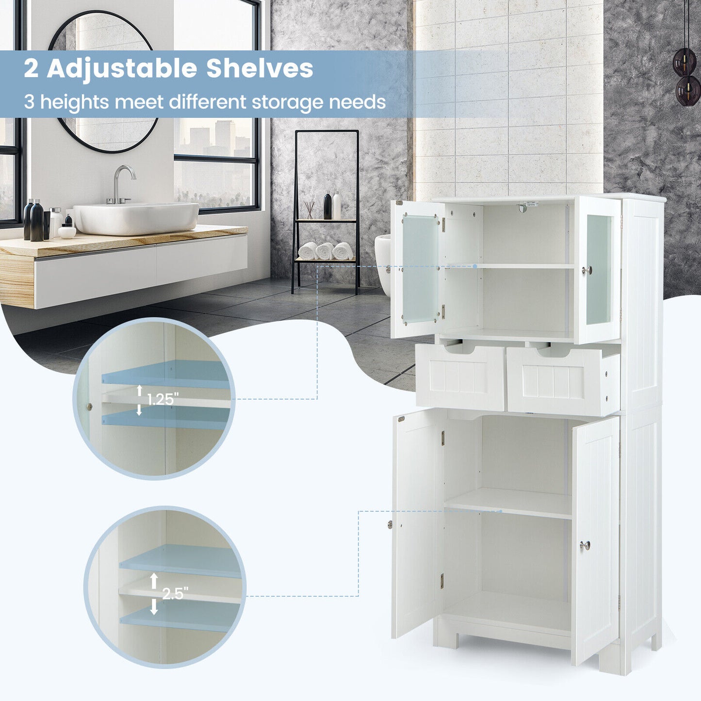 3 Tier Freestanding Bathroom Cabinet with 2 Drawers & Glass Doors for Stylish Storage