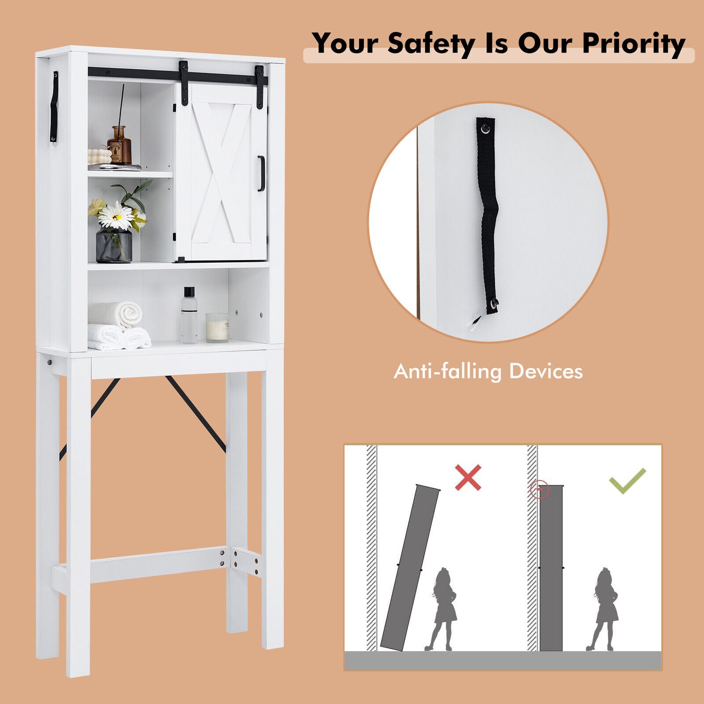 Wooden Over-the-Toilet Storage Cabinet with Sliding Barn Door & Adjustable Shelves