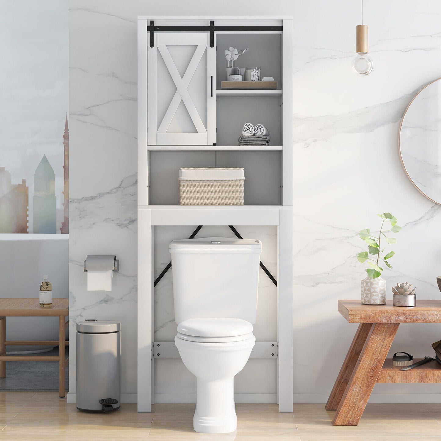 Wooden Over-the-Toilet Storage Cabinet with Sliding Barn Door & Adjustable Shelves