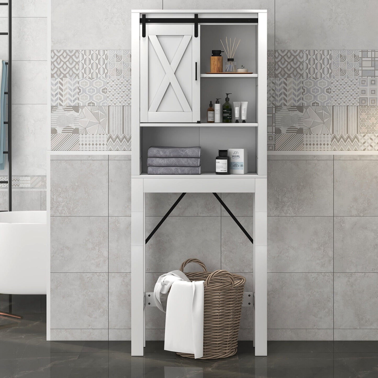 Wooden Over-the-Toilet Storage Cabinet with Sliding Barn Door & Adjustable Shelves