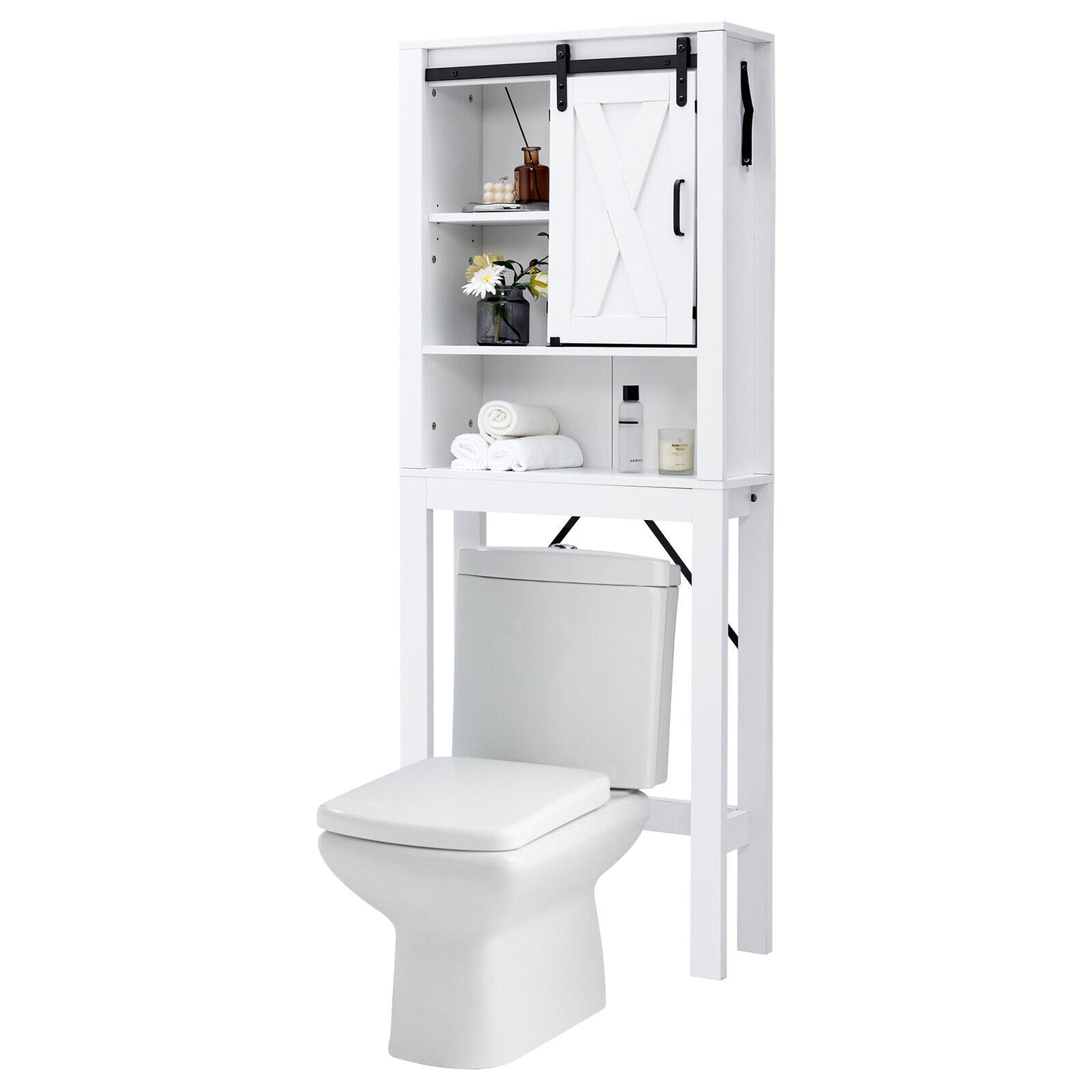 Wooden Over-the-Toilet Storage Cabinet with Sliding Barn Door & Adjustable Shelves