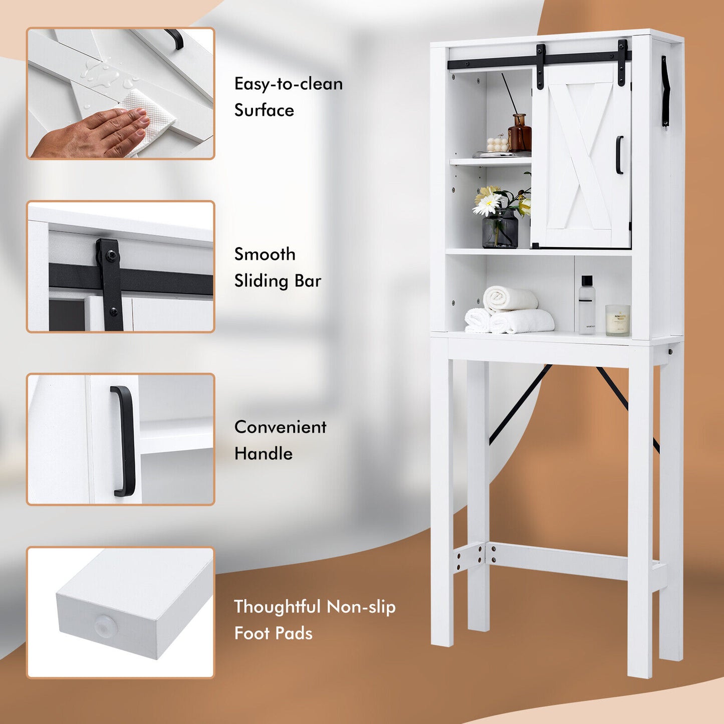 Wooden Over-the-Toilet Storage Cabinet with Sliding Barn Door & Adjustable Shelves