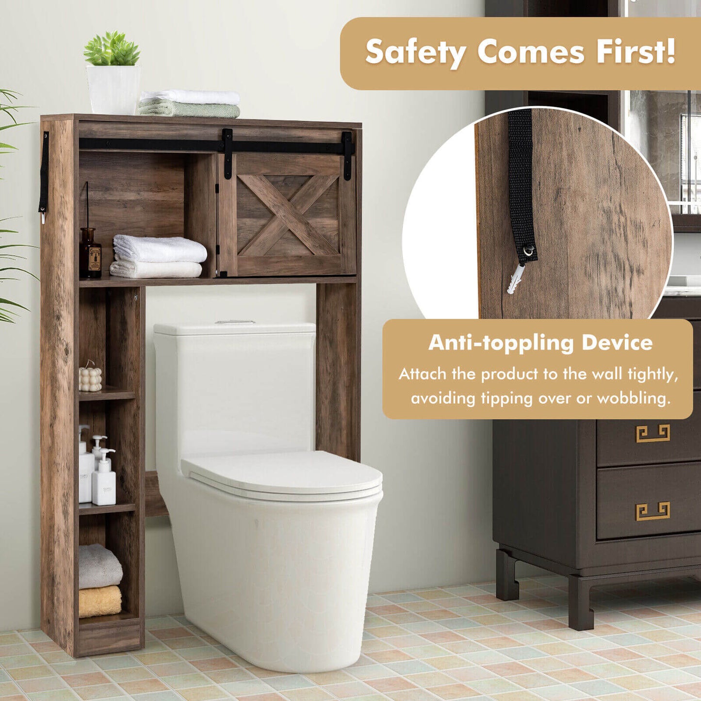 4 Tier Bathroom Storage Cabinet with Sliding Barn Door