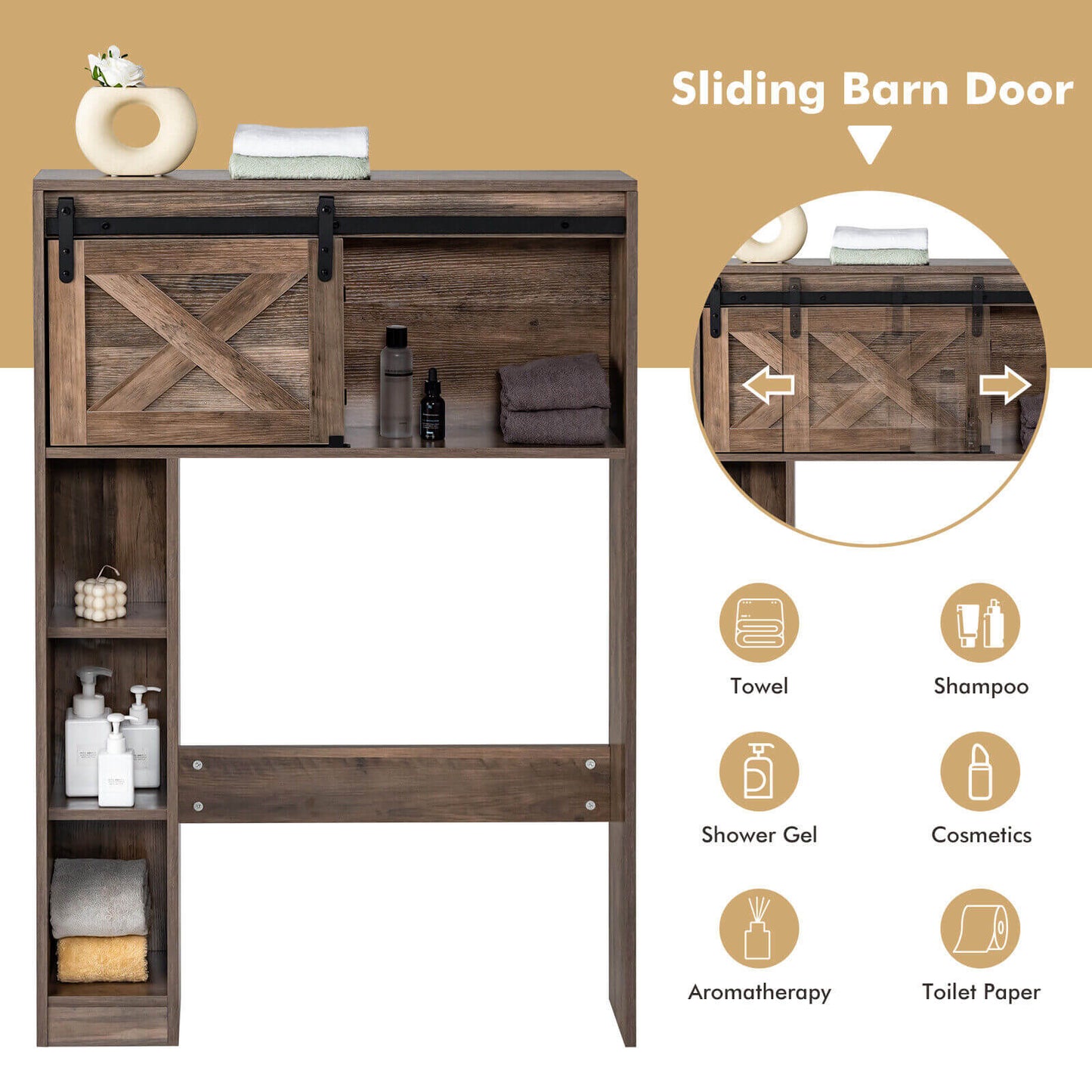 4 Tier Bathroom Storage Cabinet with Sliding Barn Door