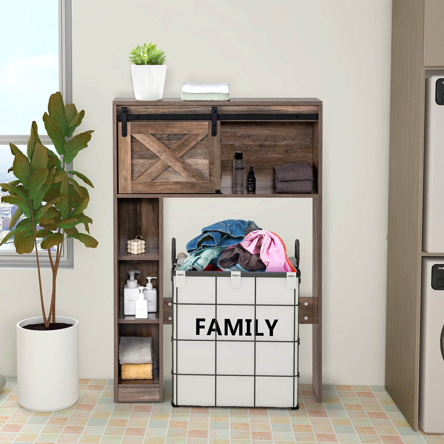 4 Tier Bathroom Storage Cabinet with Sliding Barn Door