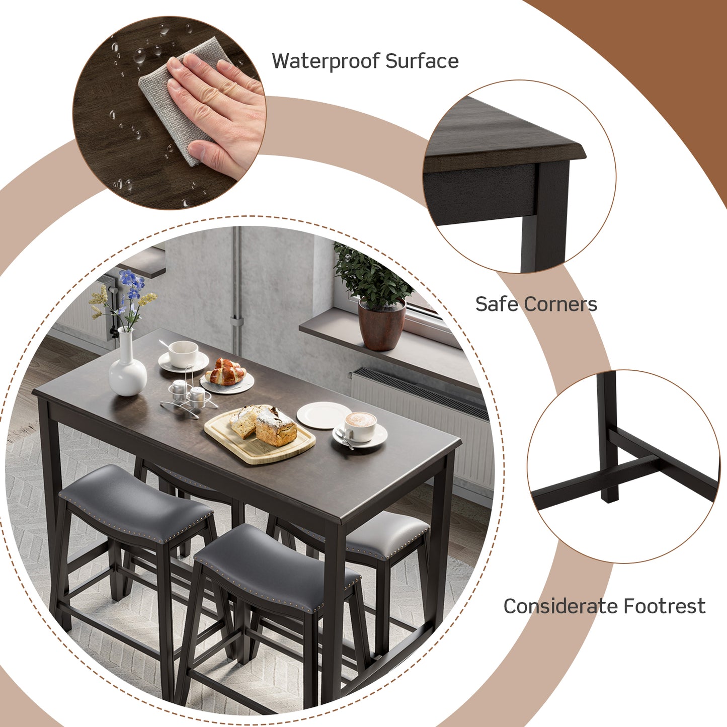 Modern 5 Piece Counter Height Dining Table Set with 4 Padded Saddle Stools for Kitchen or Small Space