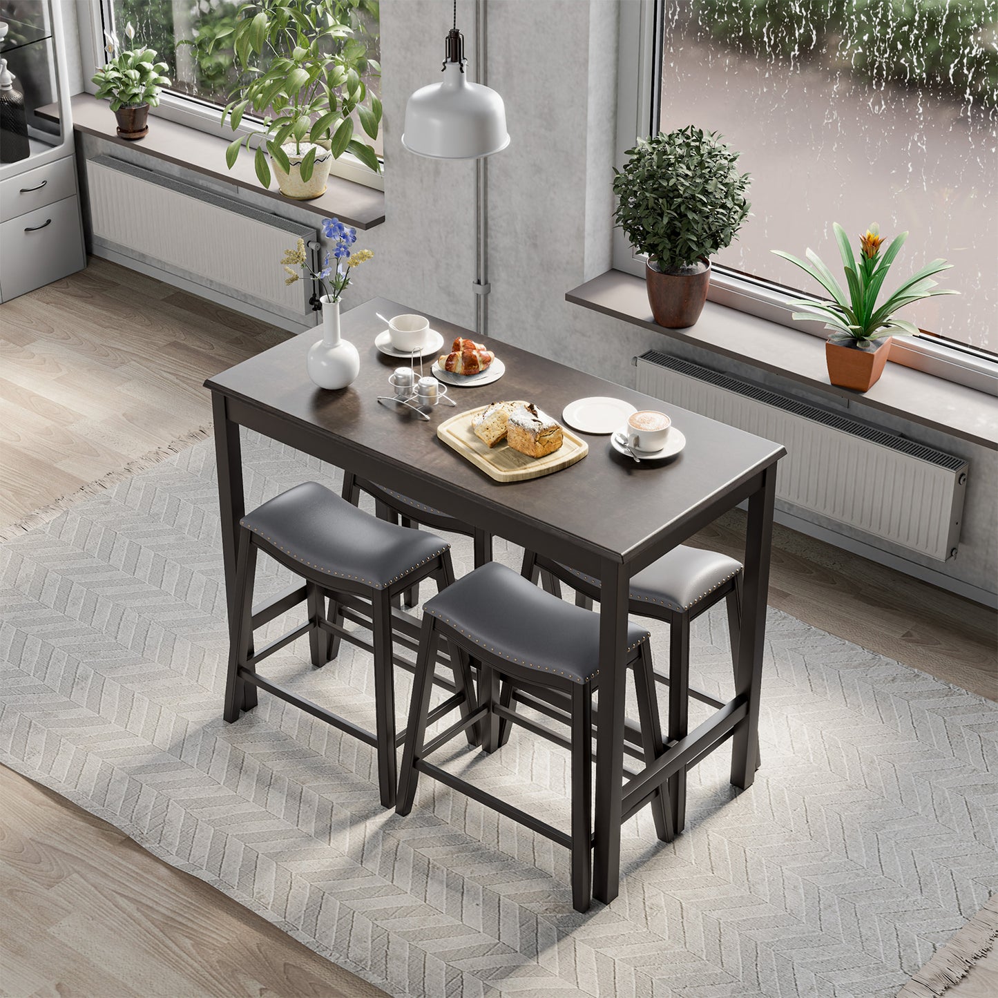 Modern 5 Piece Counter Height Dining Table Set with 4 Padded Saddle Stools for Kitchen or Small Space