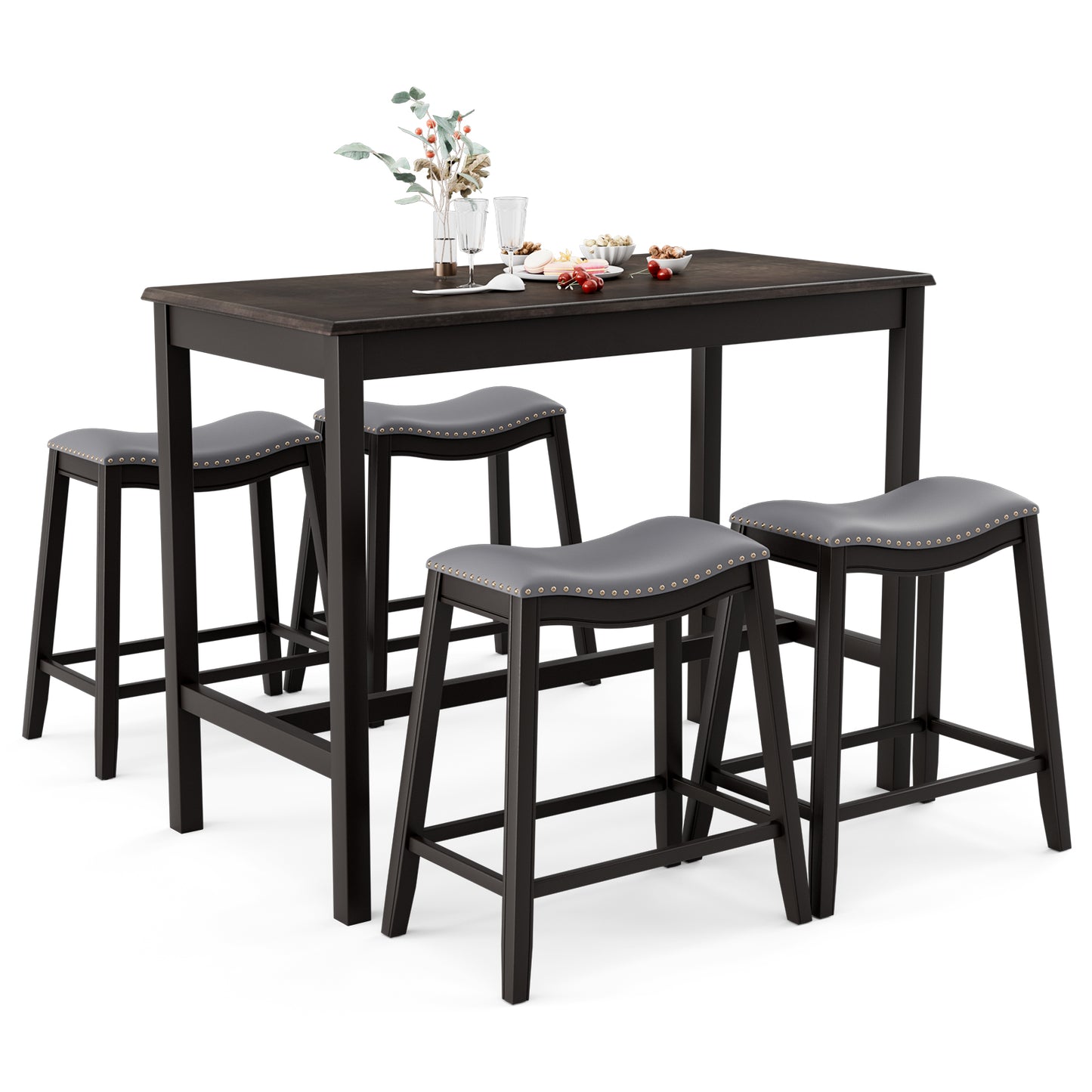 Modern 5 Piece Counter Height Dining Table Set with 4 Padded Saddle Stools for Kitchen or Small Space