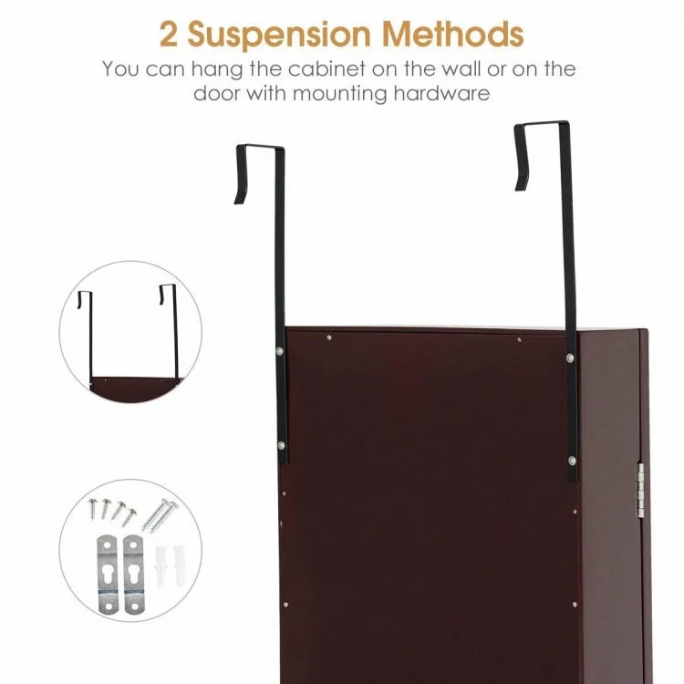 Wall & Door Mounted Full Length Mirror Jewelry Armoire with Ring Slots, Necklace Hooks and Storage Shelves – Dark Brown