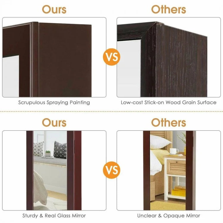 Wall & Door Mounted Full Length Mirror Jewelry Armoire with Ring Slots, Necklace Hooks and Storage Shelves – Dark Brown