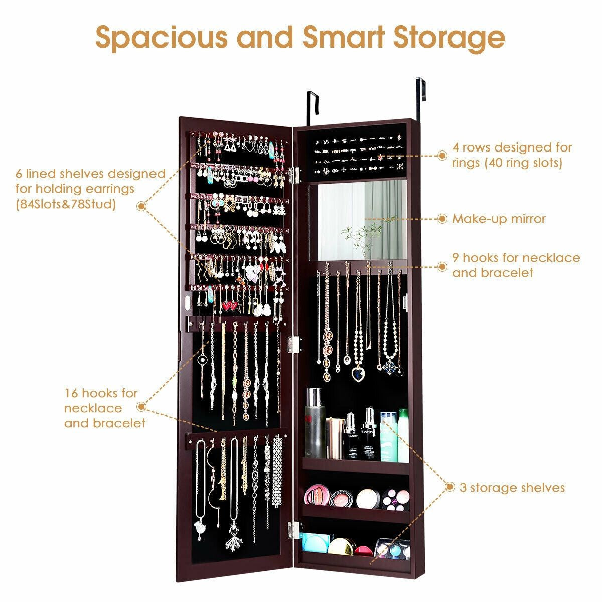 Wall & Door Mounted Full Length Mirror Jewelry Armoire with Ring Slots, Necklace Hooks and Storage Shelves – Dark Brown