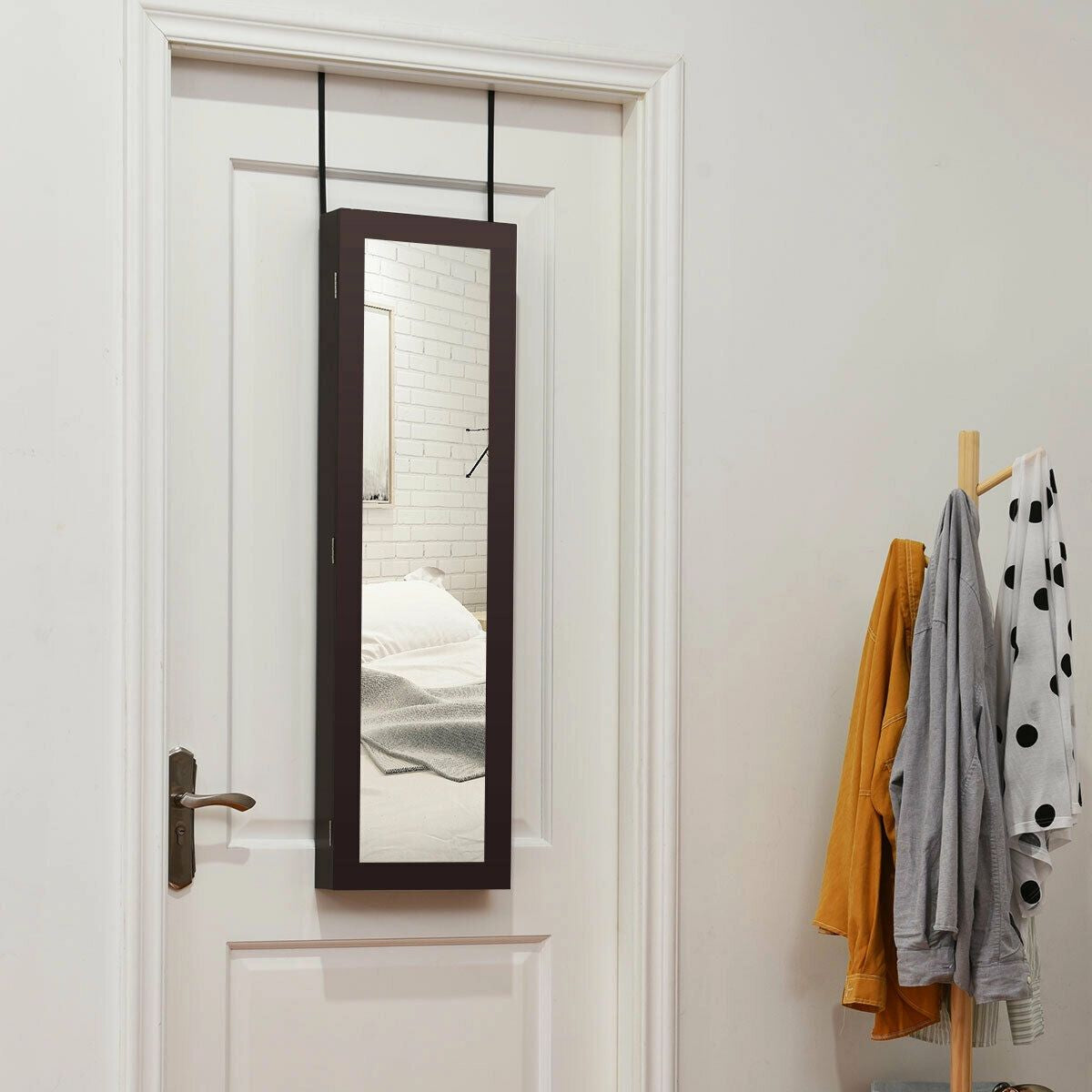 Wall & Door Mounted Full Length Mirror Jewelry Armoire with Ring Slots, Necklace Hooks and Storage Shelves – Dark Brown