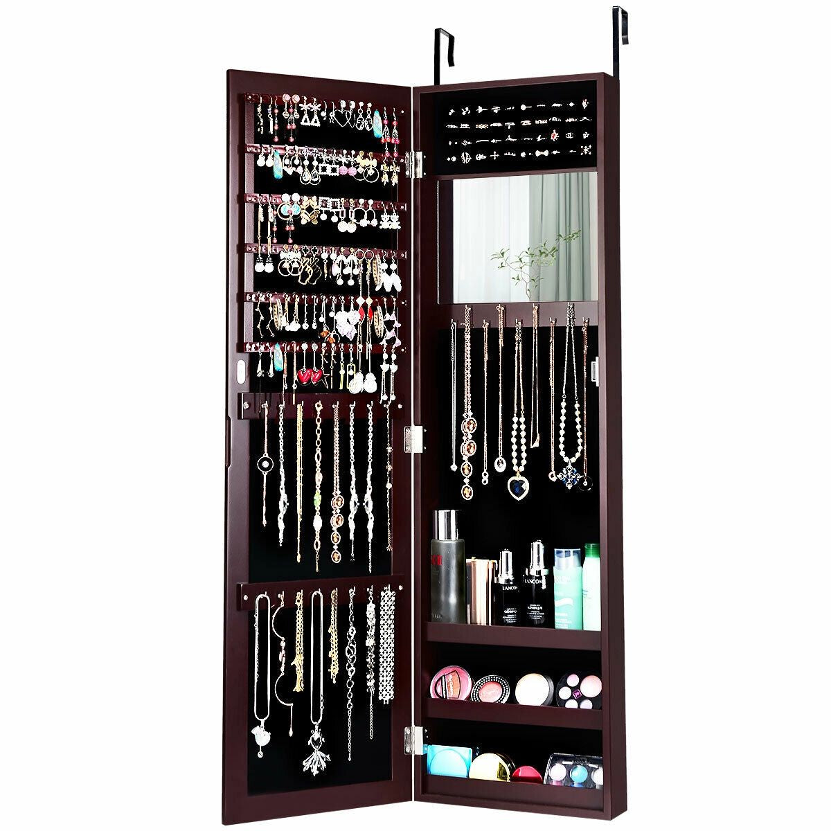 Wall & Door Mounted Full Length Mirror Jewelry Armoire with Ring Slots, Necklace Hooks and Storage Shelves – Dark Brown