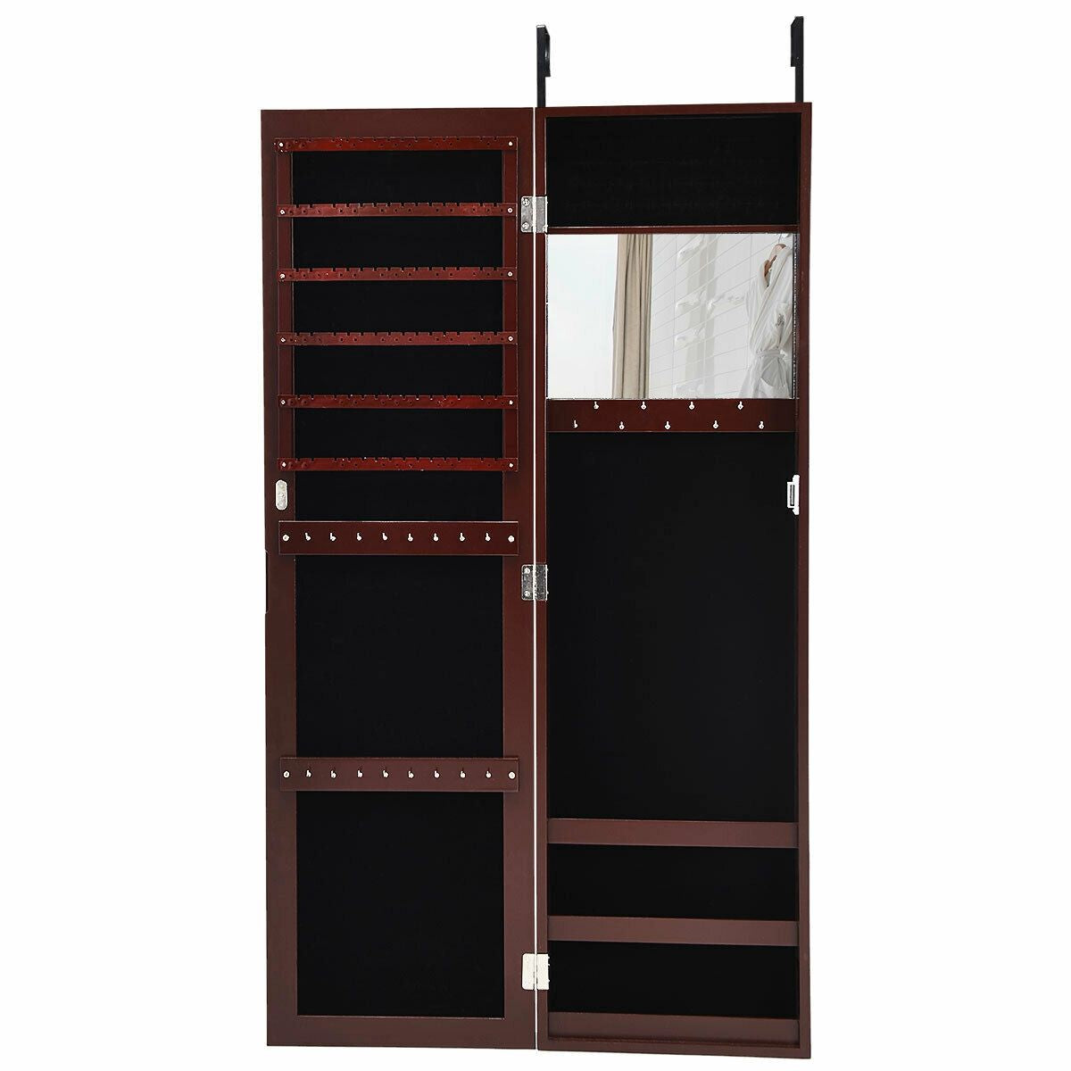 Wall & Door Mounted Full Length Mirror Jewelry Armoire with Ring Slots, Necklace Hooks and Storage Shelves – Dark Brown