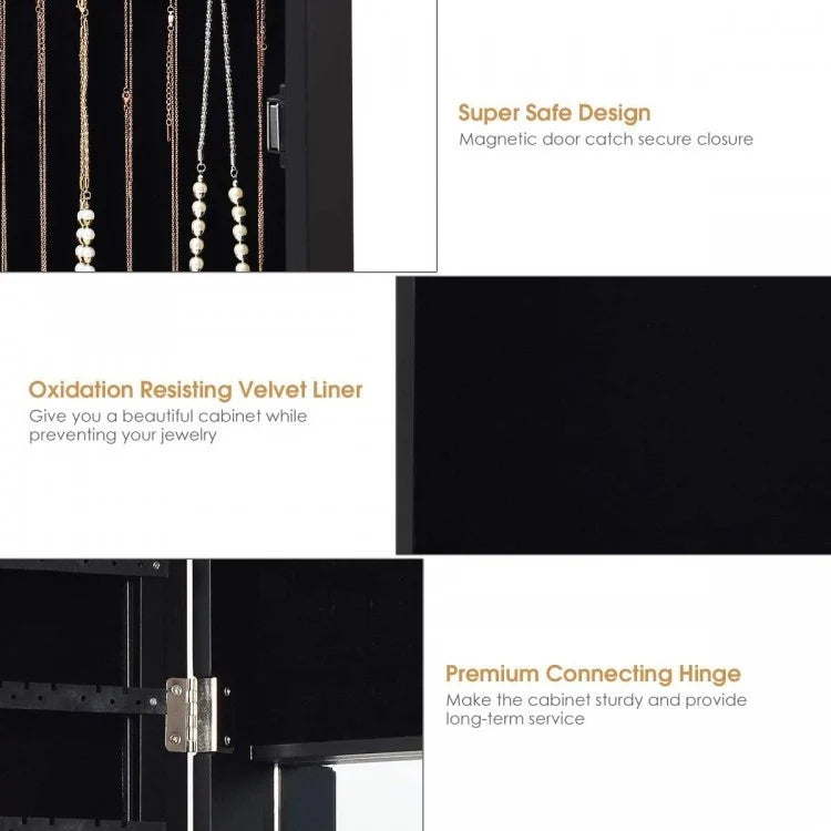 Wall & Door Mounted Full Length Mirror Jewelry Armoire with Ring Slots, Necklace Hooks and Storage Shelves – Dark Brown