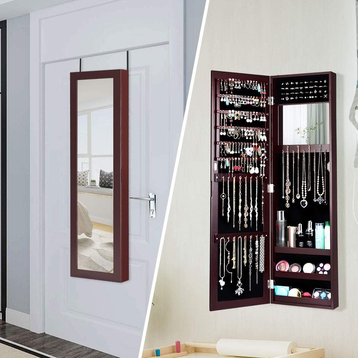 Wall & Door Mounted Full Length Mirror Jewelry Armoire with Ring Slots, Necklace Hooks and Storage Shelves – Dark Brown