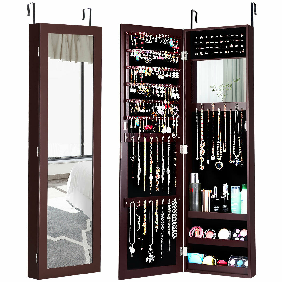 Wall & Door Mounted Full Length Mirror Jewelry Armoire with Ring Slots, Necklace Hooks and Storage Shelves – Dark Brown