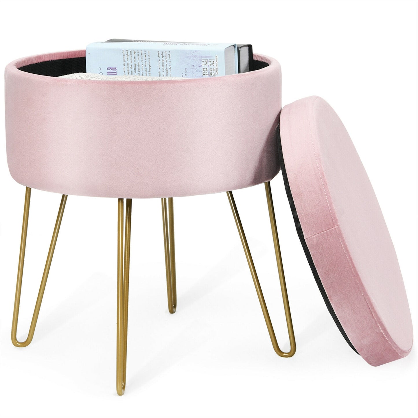 Elegant Round Storage Ottoman with Soft Velvet Upholstery and Gold Legs - Pink