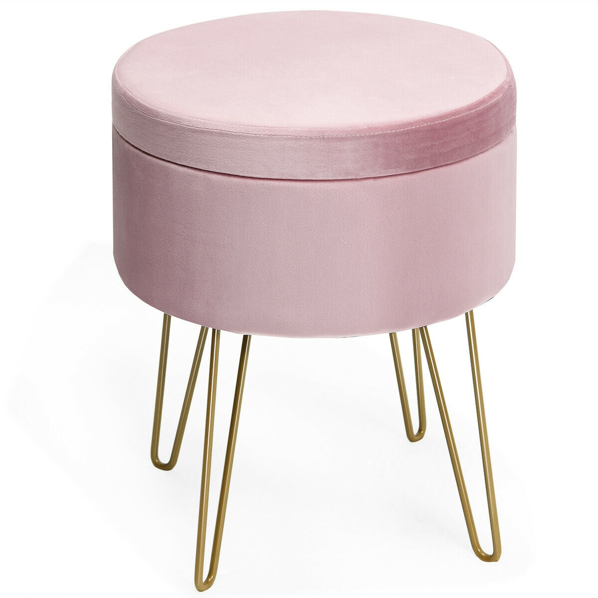 Elegant Round Storage Ottoman with Soft Velvet Upholstery and Gold Legs - Pink