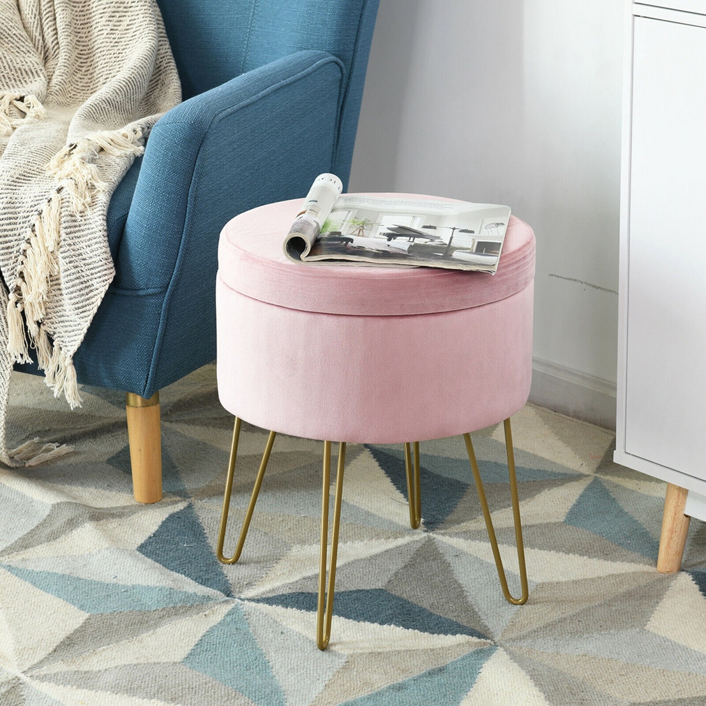 Elegant Round Storage Ottoman with Soft Velvet Upholstery and Gold Legs - Pink