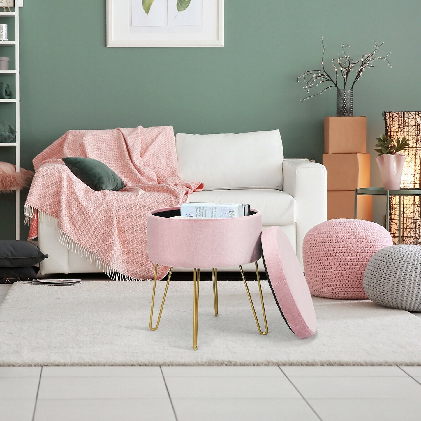 Elegant Round Storage Ottoman with Soft Velvet Upholstery and Gold Legs - Pink