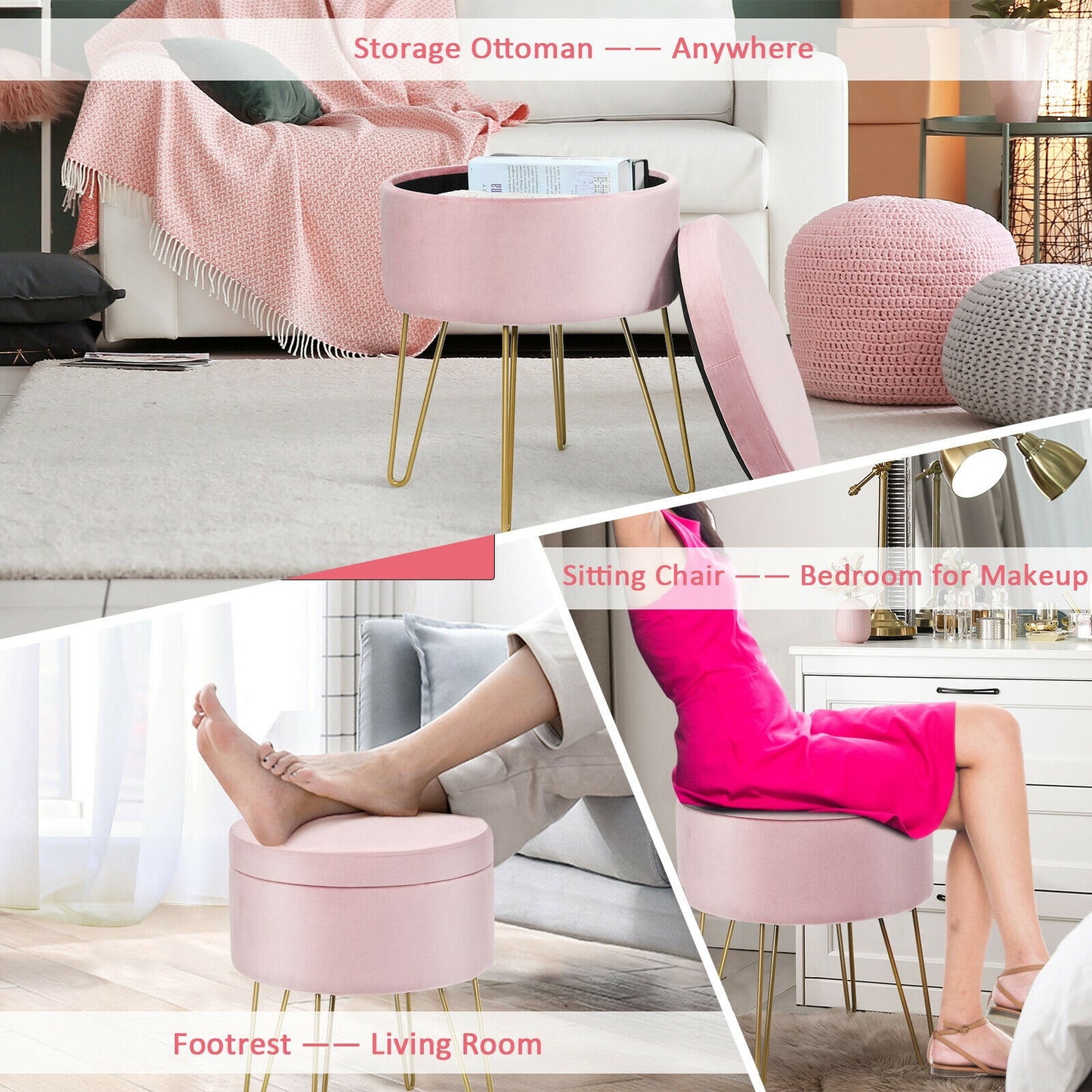 Elegant Round Storage Ottoman with Soft Velvet Upholstery and Gold Legs - Pink