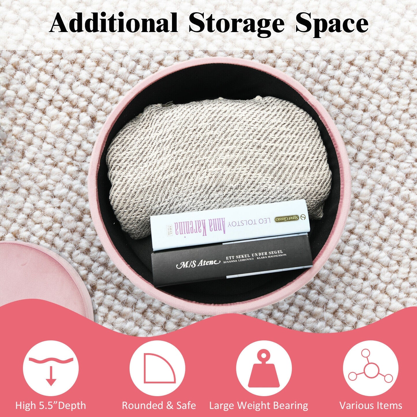 Elegant Round Storage Ottoman with Soft Velvet Upholstery and Gold Legs - Pink