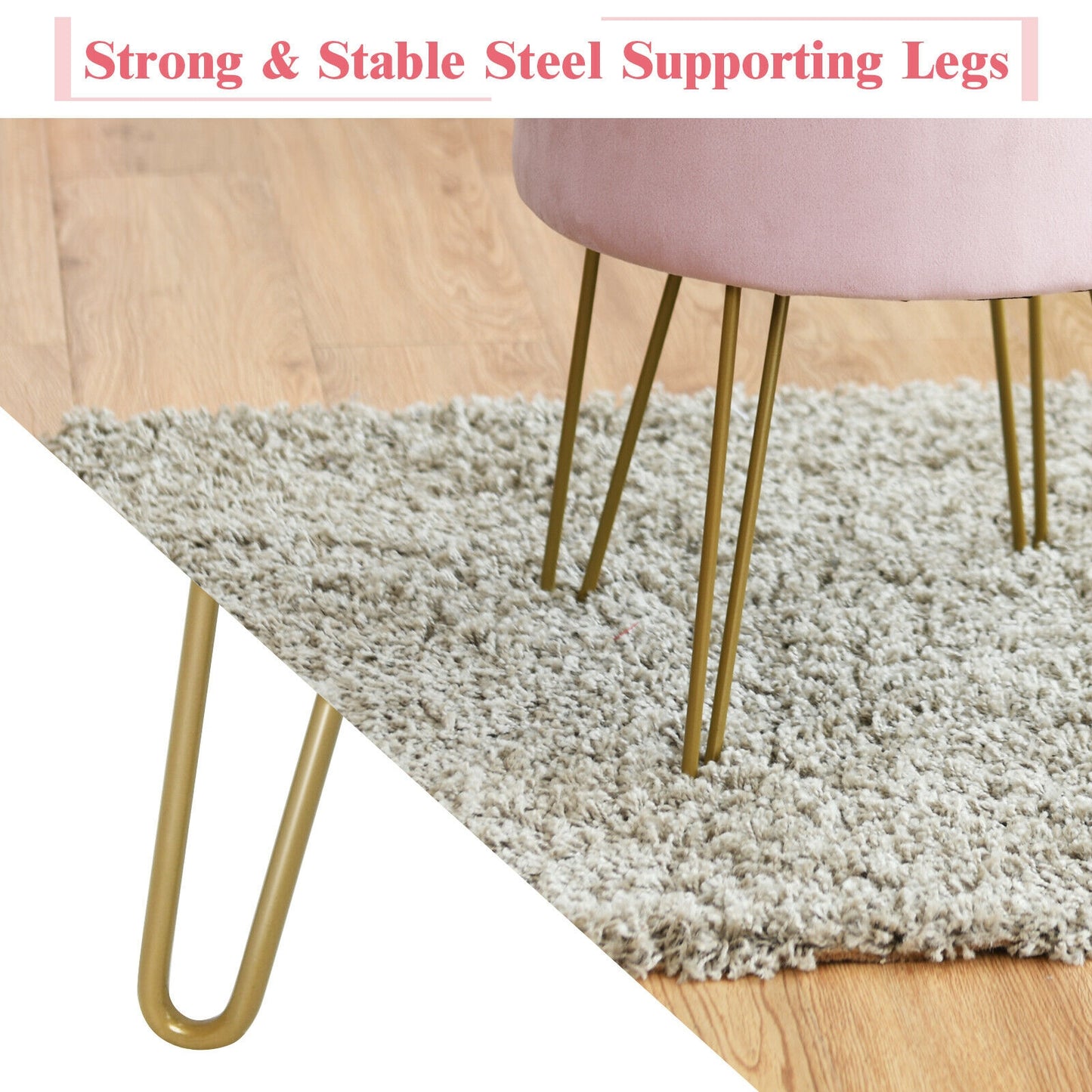 Elegant Round Storage Ottoman with Soft Velvet Upholstery and Gold Legs - Pink