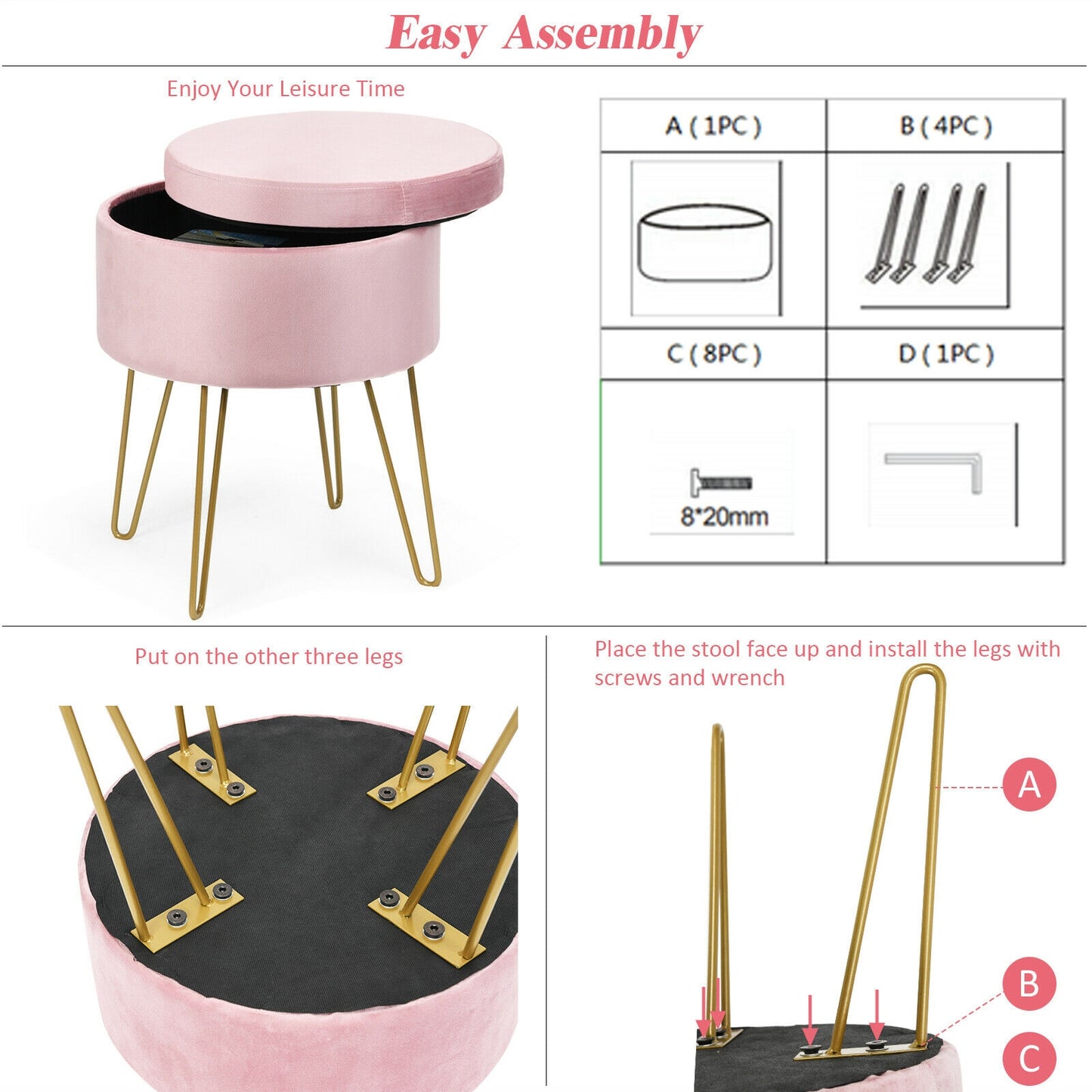Elegant Round Storage Ottoman with Soft Velvet Upholstery and Gold Legs - Pink