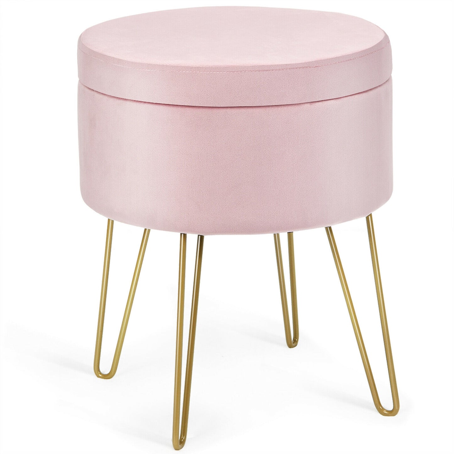 Elegant Round Storage Ottoman with Soft Velvet Upholstery and Gold Legs - Pink