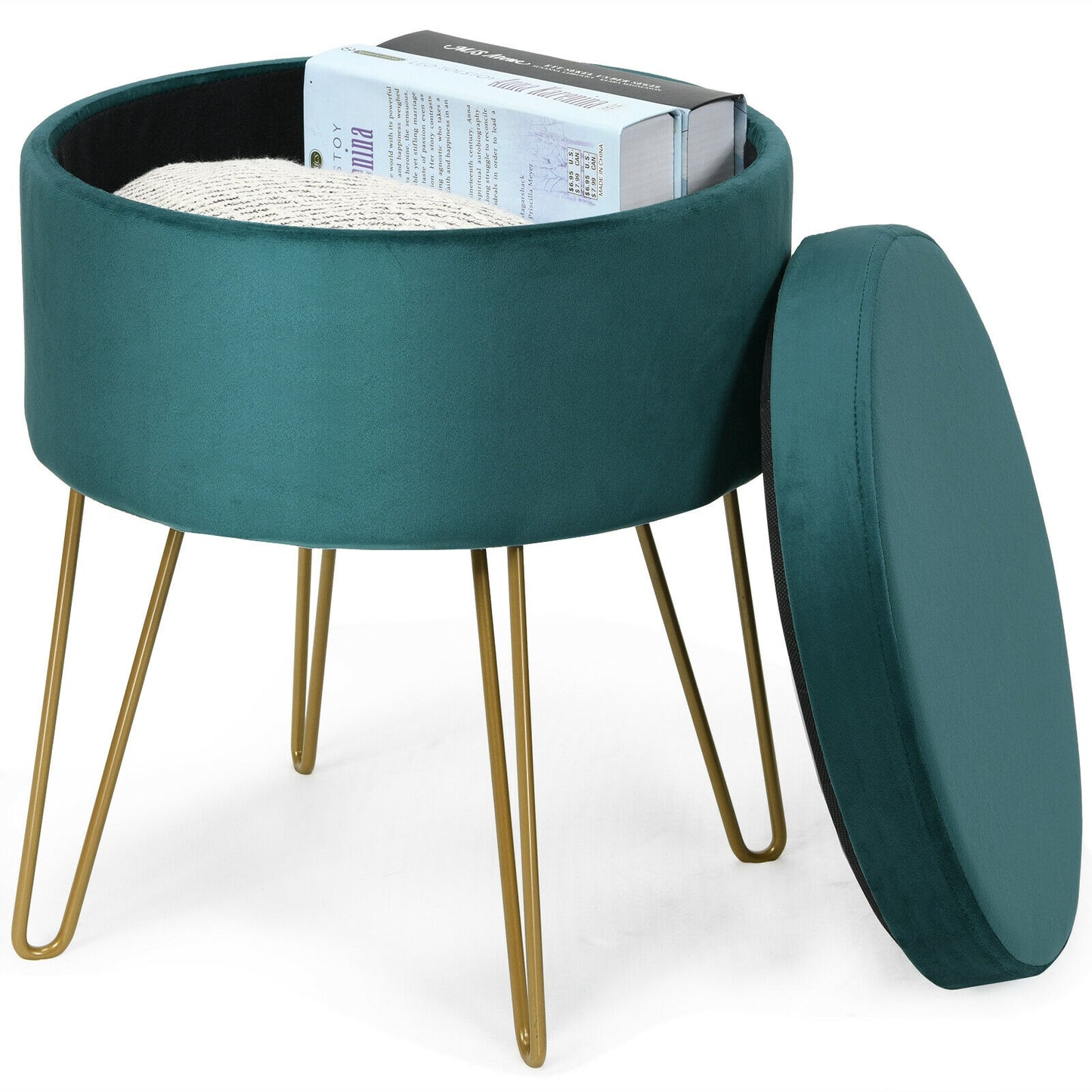 Elegant Round Storage Ottoman with Soft Velvet Upholstery and Gold Legs - Dark Green