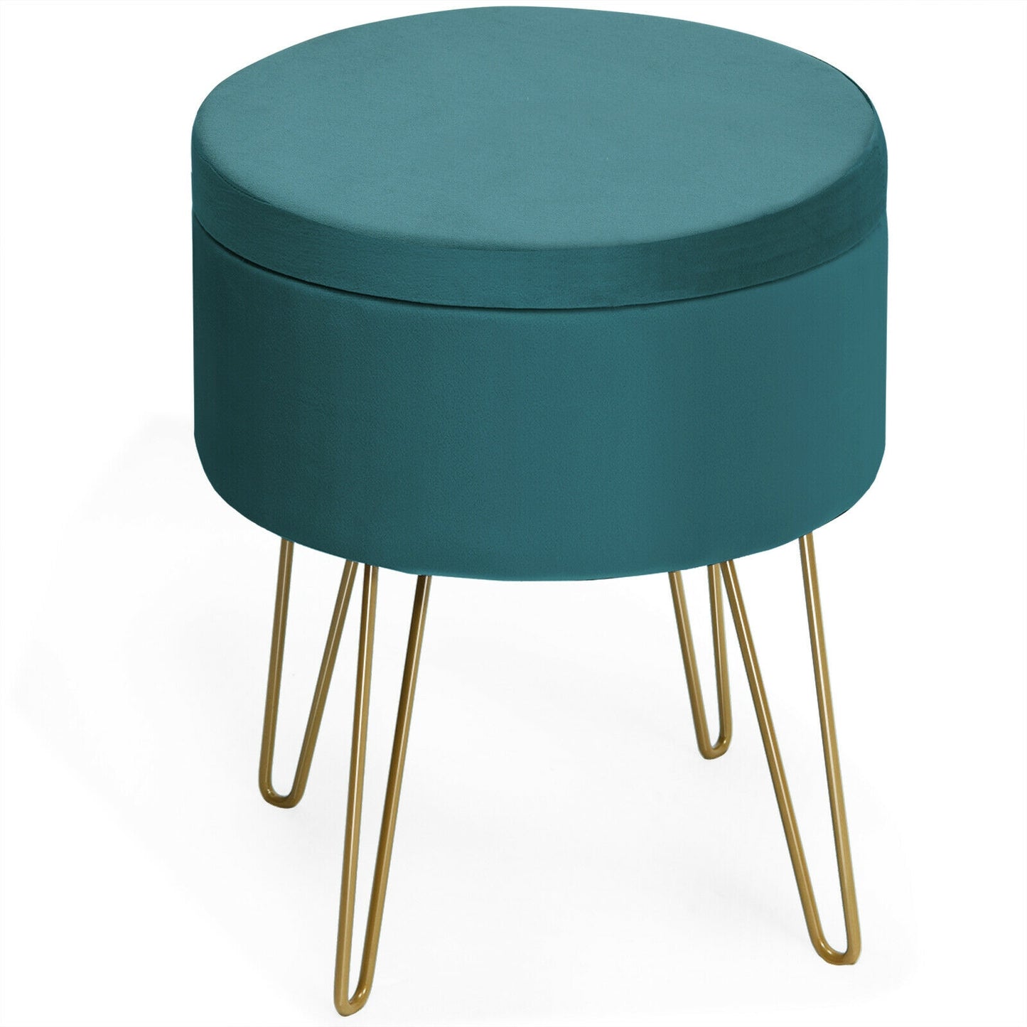 Elegant Round Storage Ottoman with Soft Velvet Upholstery and Gold Legs - Dark Green