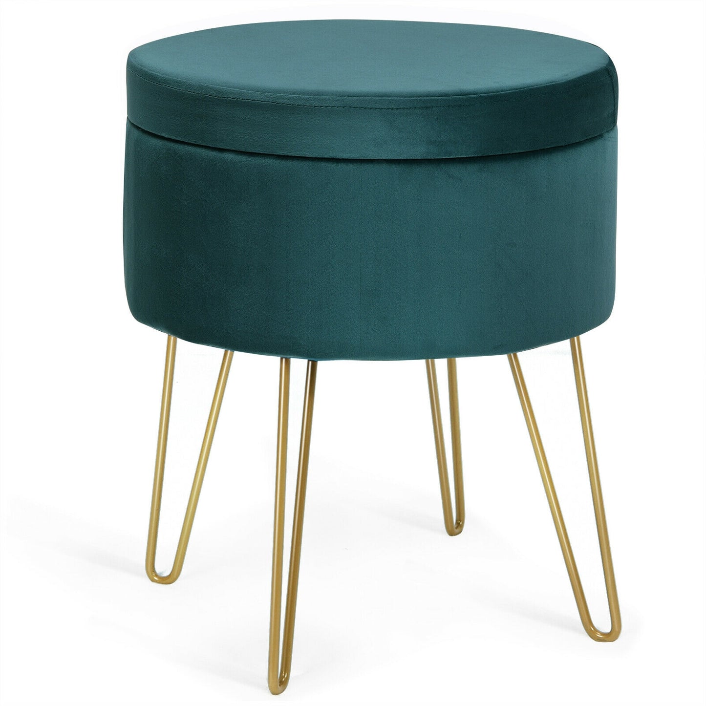 Elegant Round Storage Ottoman with Soft Velvet Upholstery and Gold Legs - Dark Green
